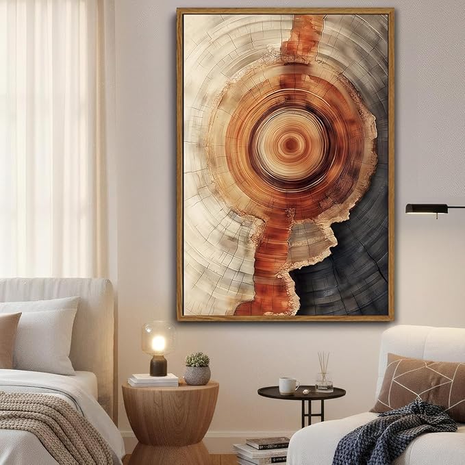 IBHJSART Framed Tree Ring Canvas Wall Art Vintage Colorful Wood Stump Painting Prints Modern Minimalist Pictures Neutral Nature Rustic Farmhouse Decor Living Room Bedroom Bathroom Office
