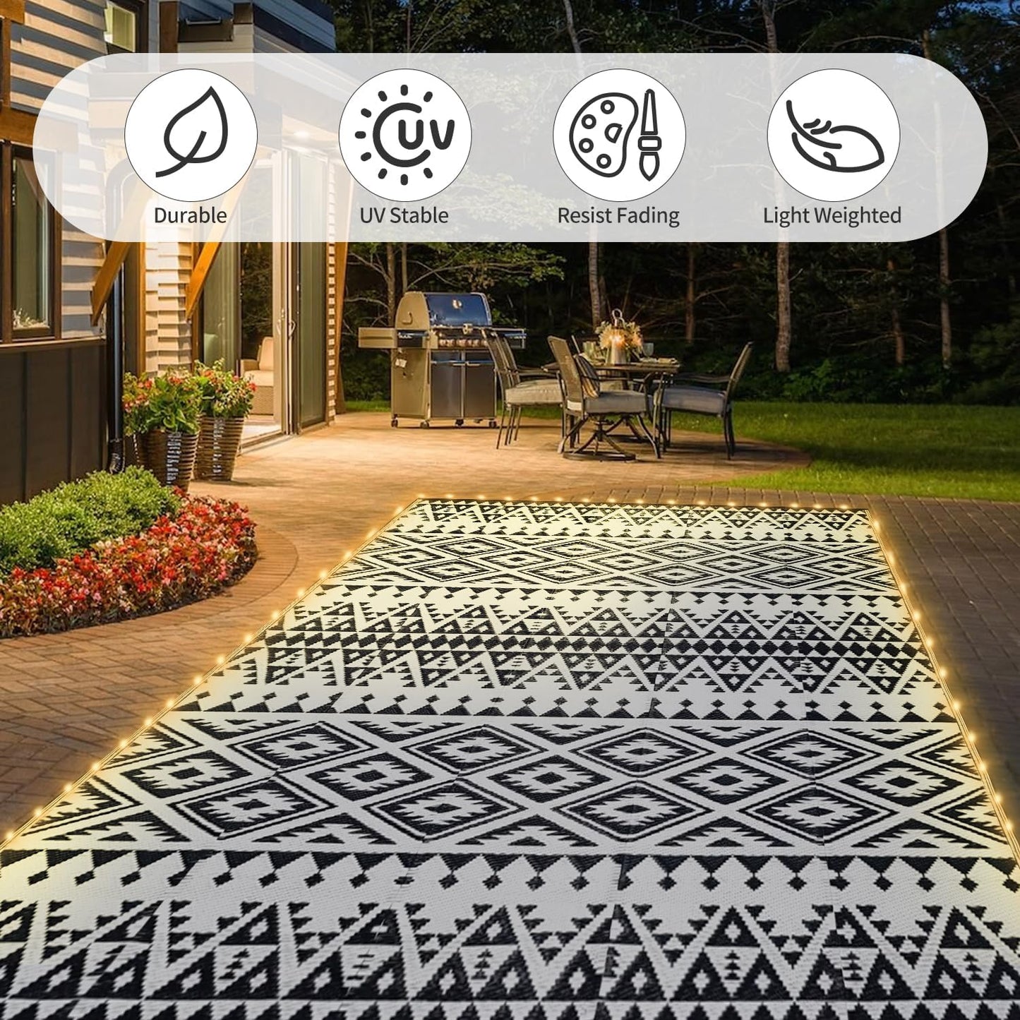 6x9ft Waterproof Outdoor Rug with LED Lights, Bohemia Reversible Plastic Straw Mat for Patio RV Camping Picnic Balcony Beach Deck Indoor Outdoor Carpet, Black&White