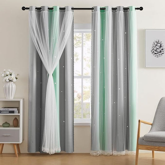 XiDi Green Grey 90 Inches Curtains for Girls Bedroom 2 Panels Set, Blackout Rainbow Curtains for Kids Room Decor, Unicorn Wall Decals Drapes for Little Girl Nursery Room 34 Inches Wide