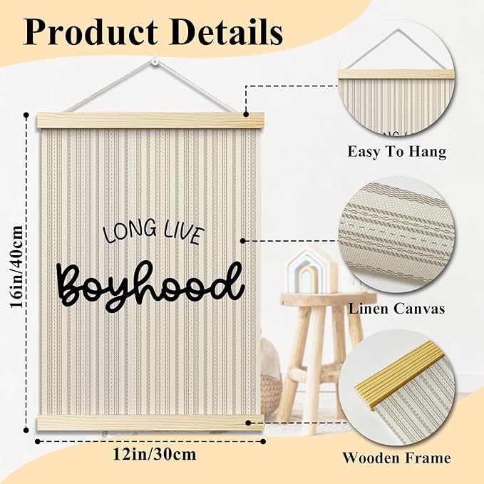 Long Live Boyhood Posters Hanger Frame for Boys Room Hanging Poster for Bedroom Kids Room Classroom Decor Stripes Wall Art Decor for Nursery Playroom Canvas Wall Art Print 16x12 Inches - YY048