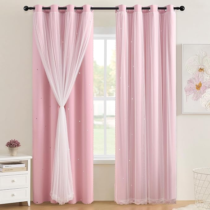 XiDi Star Blackout Curtains for Bedroom 72 Inch Length 2 Panels Pink Curtains with Sheer Overlay for Girls Kids Privacy Thermal Insulated Rod Pocket Window Curtains for Patio French Door W34 x L72