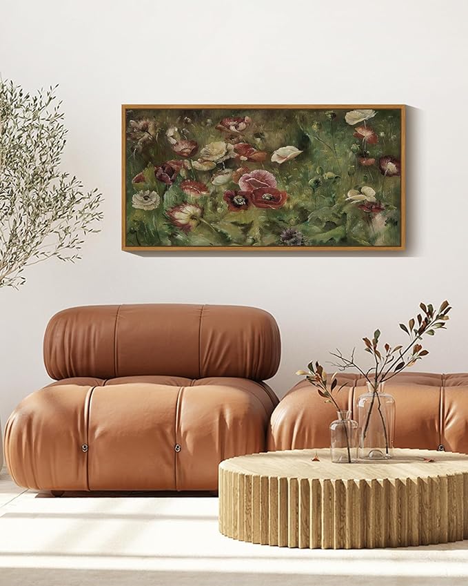 SHENIFY 20x40in Extra Large Vintage Framed Wall Art Poppies Flower Landscape Painting Retro Red Floral Scenery Farmhouse Bedroom Above of Bed Living Room Decor - Natural Framed