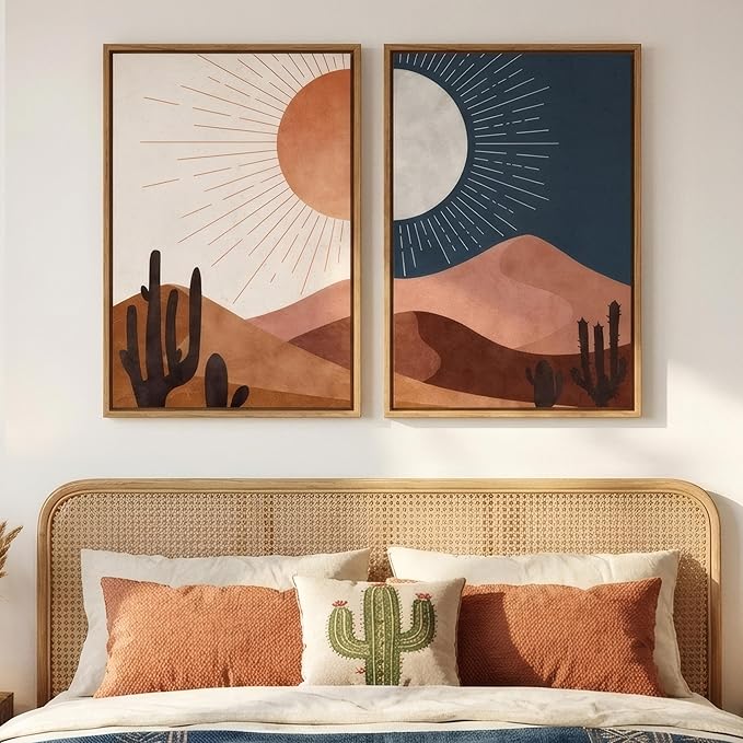 Framed Boho Sun and Moon Wall Art for Room Decor, Set of 2 Desert Cactus Landscape Artwork, Mid Century Modern Bohemian Paintings Prints for Living Room Bedroom Office Hallway Wall Decor, 16x24 Inch