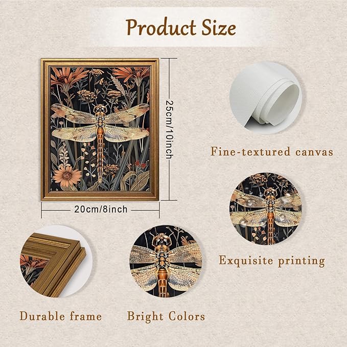 Aroutde Gold Framed Dragonfly Canvas Wall Art, Retro Drak Green Dragonfly Flowers Printing, Nature Botanical Artwork for Living Room Bedroom Gallery Decor (10L x 8W, Framed)