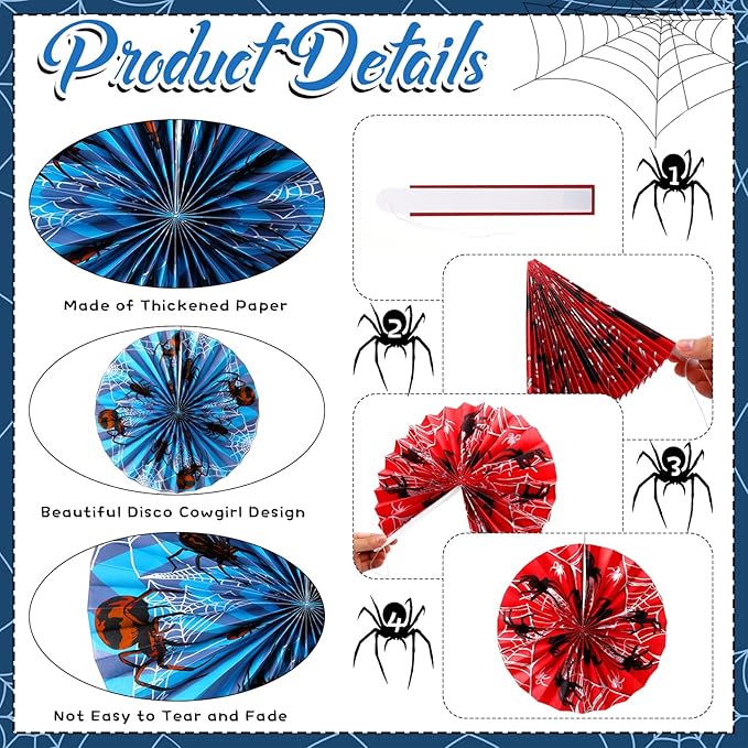 Outus 9 Pcs Spider Web Birthday Party Decorations Spider Paper Fans Party Decorations Red White Blue Black Hanging Ceiling Decor Wall Backdrop Garland Halloween Web Themed Birthday Supplies