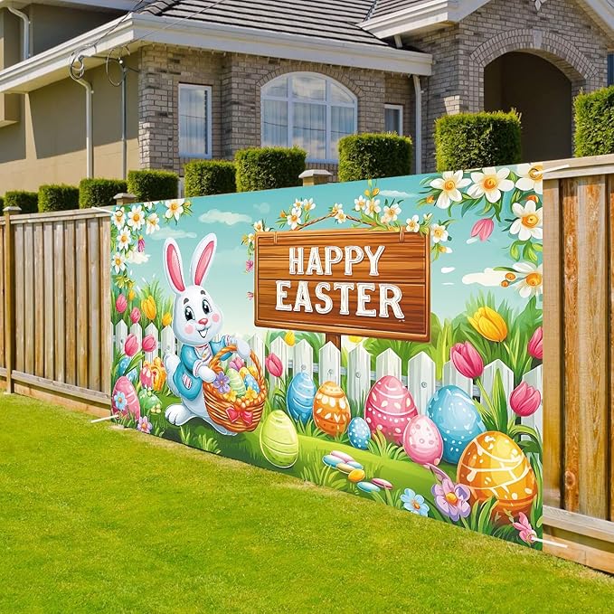 Happy Easter Backdrop 71" X 43" Happy Easter Day Banner Easter Rabbit Party Decorations Easter Bunny Background