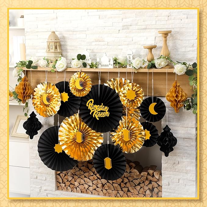 Epakh 29 Pcs Ramadan Decorations for Home Ramadan Hanging Paper Lantern Eid Wall Ceiling Decoration Honeycomb Paper Fan Eid Mubarak Home Decoration Birthday Wedding Party Supply(Black & Gold)
