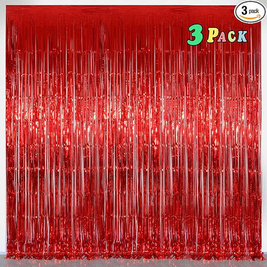 Red Party Streamers Decorations 3 Pack 3.2 x 8.2 ft Shiny Fringe Curtain for Birthday Party Decor, Red Streamers Backdrop, Valentines Day Decorations (Pure Red)