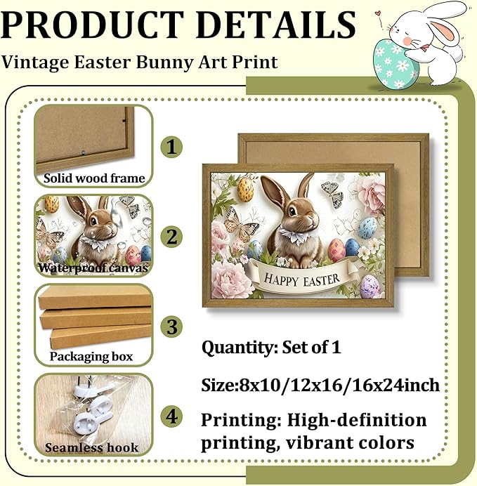Framed Easter Bunny Wall Art, Vintage Holiday Decor Oil Painting, Rustic Farmhouse Spring Animal Wall Decor, Cute Rabbit Easter Eggs Canvas Print Paintings for Living Room Bedroom Nursery 16x24 Inch