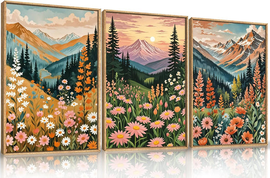 HPINUB Mountain Sunset Floral Framed Canvas Wall Art Set,Colorful Wildflower Daisy Flower Wall Decor,Boho Blossom Botanical Artwork Modern Nature Landscape Art Print for Living Room,Bedroom-16 x24 x3
