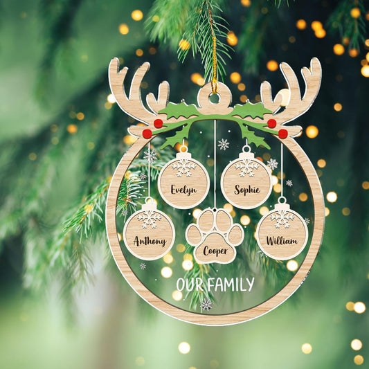 Personalized Family Christmas Acrylic Ornament 2024 - Custom Name Charms Family Members up to 10 People and Pets, Paw Charm Ornament Gifts for Family Tree Decoration (A01, 7 Names)