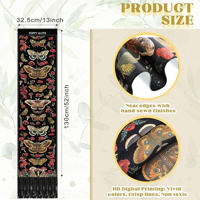 Tegeme Vintage Tapestry 52 x 13 Inch, Long Vertical Wall Hanging Reference Illustrative Botanical Insect Tassel Tapestry for Bedroom Living Room Home Decoration (Poppy Moth)