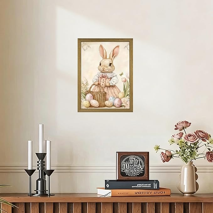 Framed Easter Bunny Wall Art, Vintage Holiday Decor Oil Painting, Rustic Farmhouse Spring Animal Wall Decor, Cute Rabbit Easter Eggs Canvas Print Paintings for Living Room Bedroom Nursery 16x24 Inch