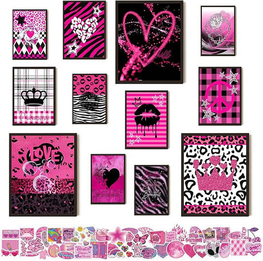 KBKBART Mcbling Y2k Room Decor Aesthetic, 12 Pcs Trashy Y2k Posters and 50 Pcs Y2k Sticker for Teen Girl's Bedroom, Early 2000s Room Decor, Hot Pink Wall Art Aesthetic Pictures, Emo Baddie Prints Wall Collage for Dorm Bedroom Apartment Decor (UNFRAMED)