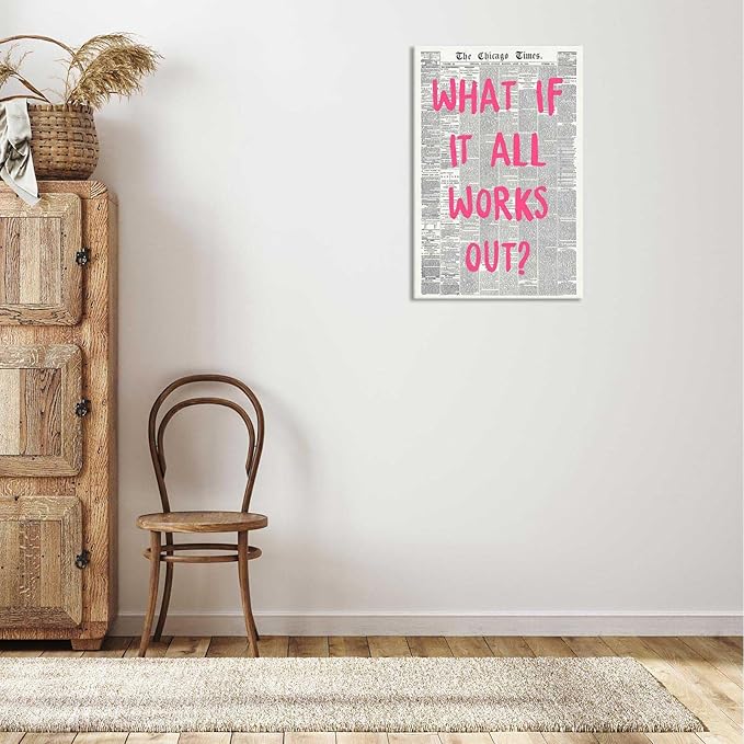 Drimiler What If It All Works Out Poster Retro Newspaper Pink Font Canvas Wall Art Positive Affirming Quote Minimalist Prints Painting For Home Bedroom Dorm Wall Decor 8x12in Wframed