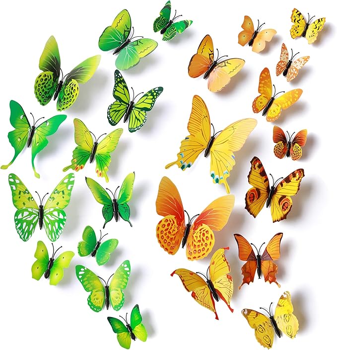 24pcs 3D Vivid Special Man-Made Lively Butterfly Wall Stickers Removable Butterflies Wall Decals 3D Nursery Art Decor for Kids Girls Bedroom Living Room Classroom Party Decoration Green & Yellow