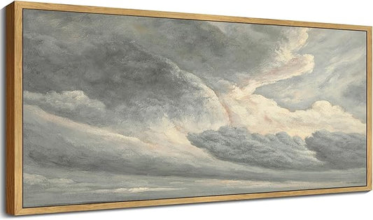 SHENIFY Vintage Framed Wall Art Clouds in the Sky Landscape Painting Retro Cloudy Scenery Farmhouse Kitchen Living Room Decor - 8x16in Natural Framed