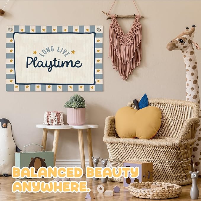 Playroom Wall Decor,Long Live Playtime Linen Canvas Banner,Navy Blue Toddler Playroom Decor Kids Room Nursery with Star Pattern Wall Decor for Toddler Boys Toy Room Bedroom,30x20 Inch
