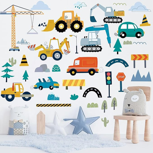 Construction Vehicles Wall Decals, 10 Sheets Truck Tractor Excavator Crane Vinyl Wall Stickers Peel and Stick Construction Stickers for Boys Bedroom Playroom Wall Art Decorations
