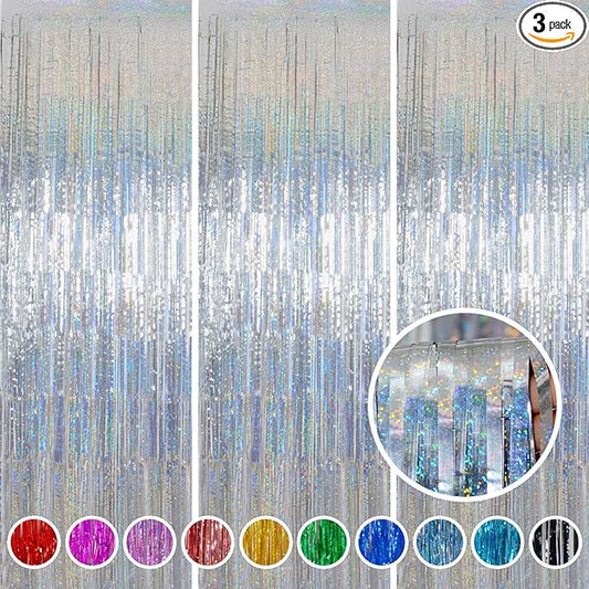 Foil Fringe Curtains New Years Eve Party Supplies 2026 - Melsan 3 Pack 3.2 x 8.2 ft Silver Tinsel Curtain Photo Backdrop for Birthday Party or Disco Party Decorations