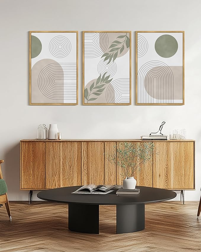 Drsoum Green Botanical Boho Wall Art Framed Modern Bohemian Sage Wall Decor Abstract Geometry Lines Prints Ready to Hang 24x36in Natural Framed