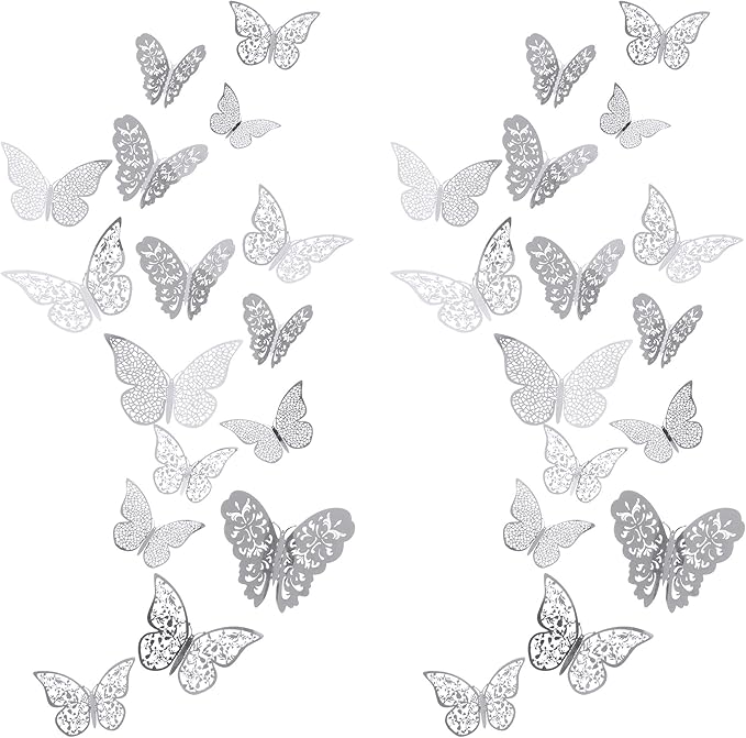 Bememo 72 Pieces 3D Butterfly Wall Decals Sticker Decal Wall Decor Art Decorative Sticker 3 Sizes for Room Offices Bedroom Bathroom Living Room Decor(Silver)