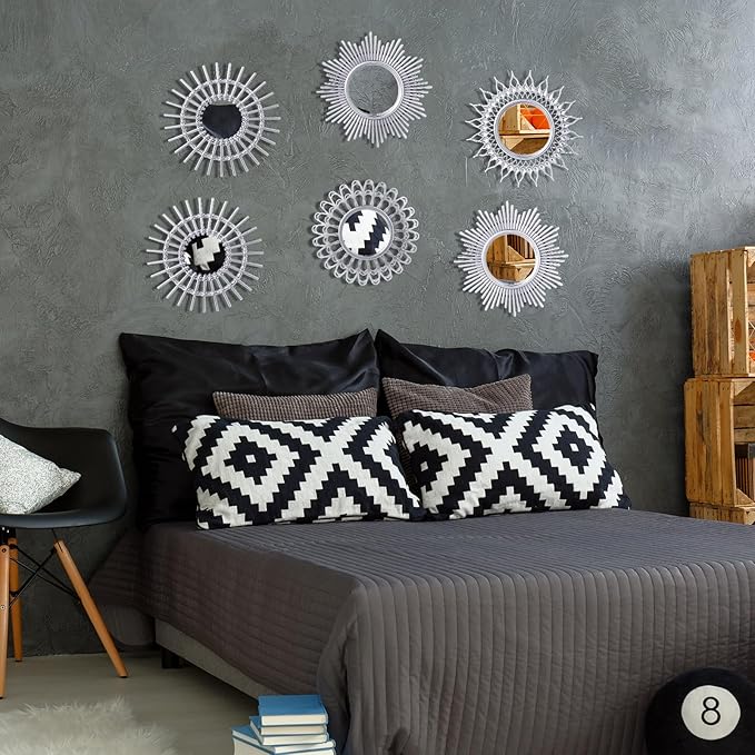 Namalu 6 Pcs Mirrors - Small Circle Sun Mirrors for Decorative Wall Art - Entryway, Bathroom, Bedroom, Living Room (Silver, Classic)