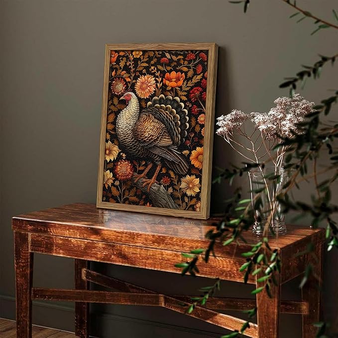 Framed Vintage Turkey 3D Textures Wall Art – Fall Floral Thanksgiving Wall Decor, Rustic Autumn Harvest Bird Artwork Painting for Living Room Kitchen Dining Room – 12x16in