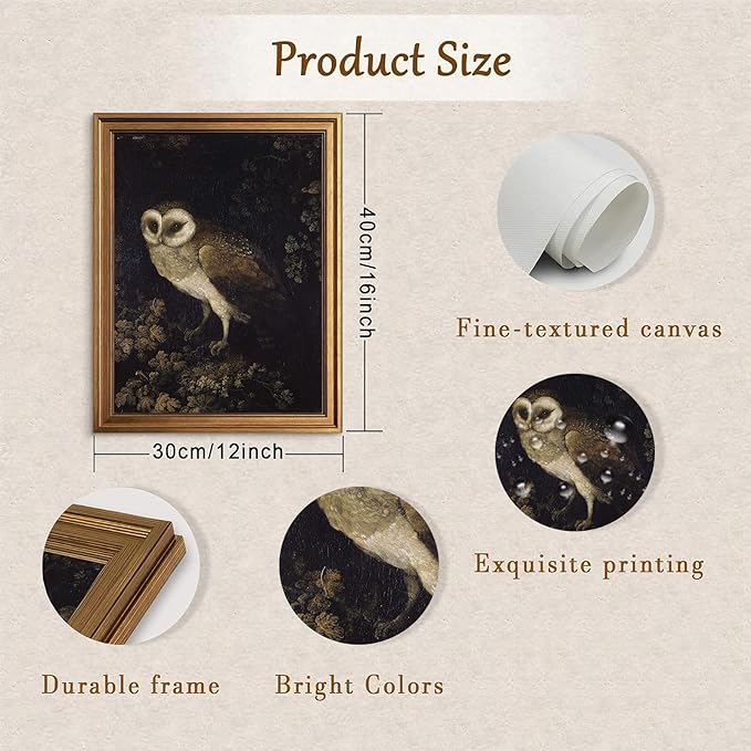 Aroutde Vintage Owl Painting Gold Framed Wall Art for Living Room, Dark Forest Animal Print Home Decor, Moody Wildlife Bird Artwork for Bedroom Apartment Decoration (16L''x12W'')