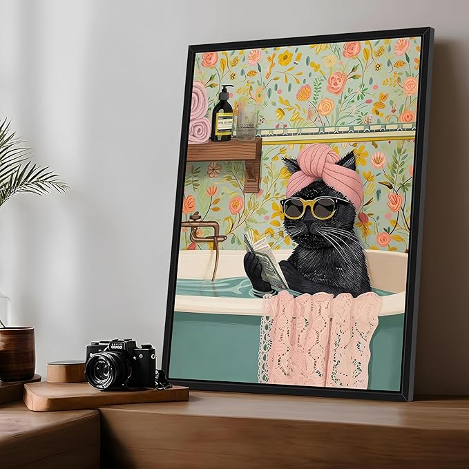Floating Framed Bathroom Cat Canvas Wall Art, Funny Black Cat Reading Wall Decor, Cute Animal Prints Pictures Posters for Living Room Bedroom Toilet Kids Room Paintings 16x24 inch