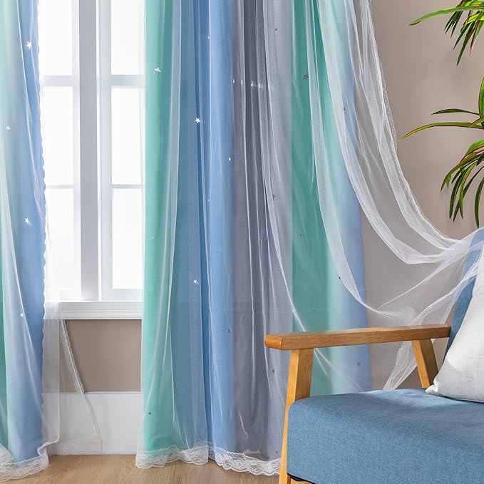 XiDi Curtains for Bedroom Decor, Rainbow BluGrenGrey-52-45