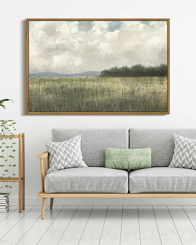 SHENIFY Vintage Landscape Framed Wall Art Country Meadow Scenery Farmhouse Decor Retro Painting for Living Room Bedroom Ready to Hang Wall Artwork - 24x36in Natural Framed