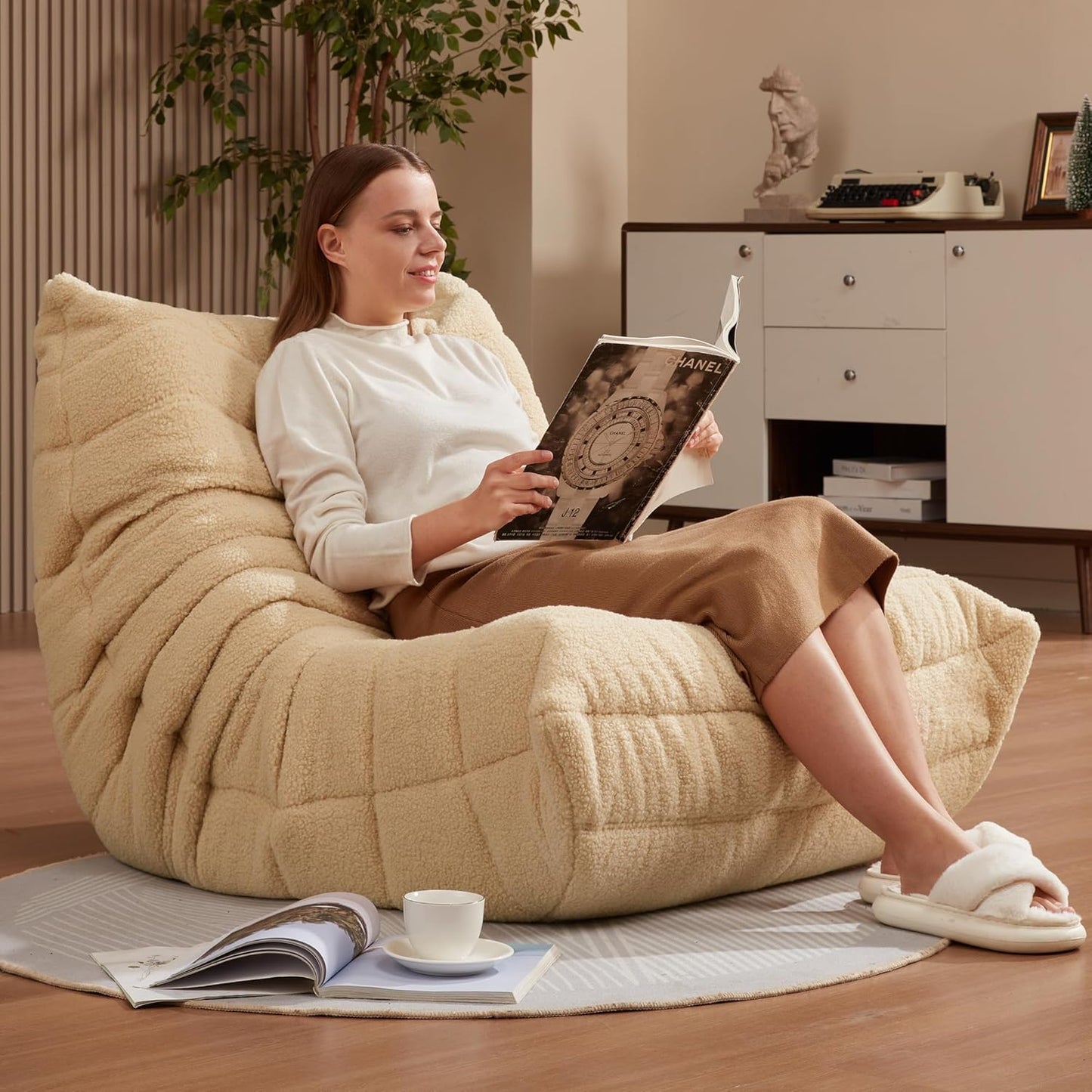 Bean Bag Chairs for Adults Giant Bean Bag Chair Memory Foam BeanBag Chair Big Bean Bag Sofa with Filler Faux Fur Fireside Beanbags Lazy Sofa for Living Room Bedroom Dorm Office (Khaki Teddy)