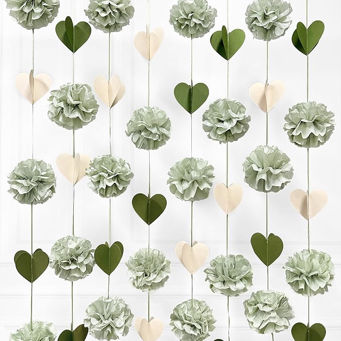 Sage Green Party Decoration Tissue Flowers Pom Pom with 3D Heart Hanging Paper Garland Banner Streamer for Birthday Baby Shower Wedding Valentines Day Woodland Neutral Themed Party Home Decor Supplies