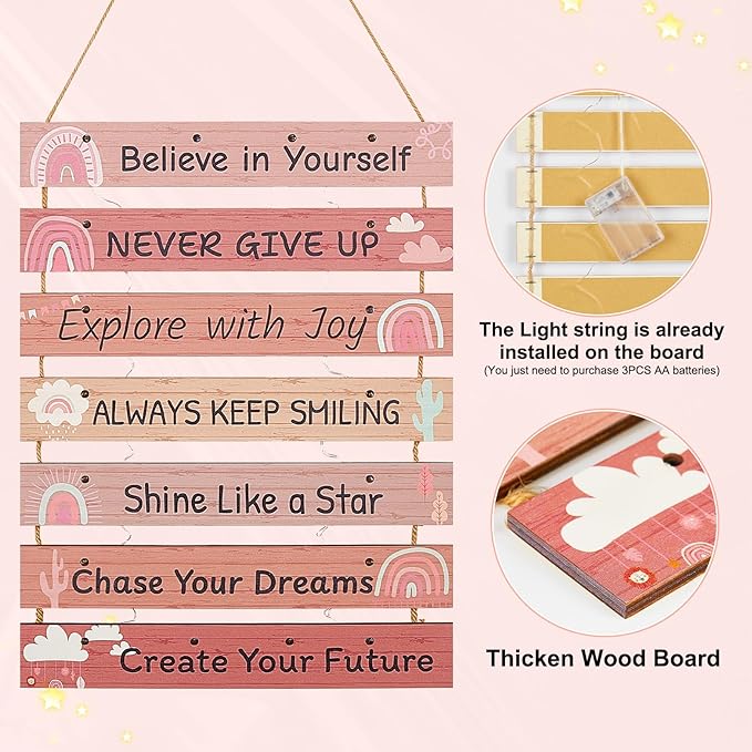 FIOBEE Girls Room Décor for Teen Girls Boys with LED Light Wall Decor for Bedroom Motivational Inspirational Wall Art Room Decoration for Kids Studyroom, 8 Kinds of Lights, Light Pink Boho