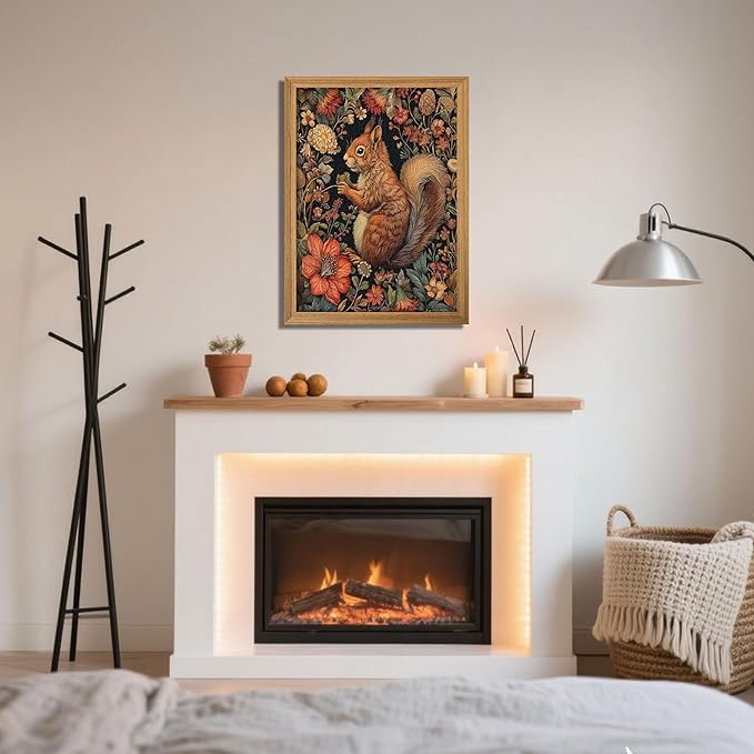 Framed Vintage Squirrel Wall Art, 3D Textured Squirrel Among Flowers Painting Art, Hand Drawn Sandstone Botanical Floral Pictures, Modern Farmhouse Wall Decor for Living Room Bedroom 12x16 inch