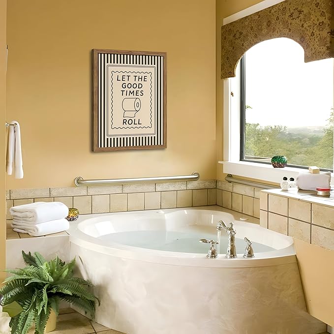 Framed Let The Good Times Roll Bathroom Print, Vintage Funny Toilet Quote Canvas Wall Art, Stripes Bathroom Picture Poster, Downstairs Toilet Painting Wall Decor 8x10 inch