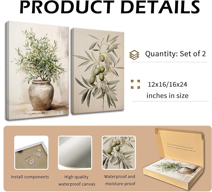 2Pcs Framed Botanical Wall Art Green Olive Branches Poster Print Neutral Farmhous Plant Picture Canvas Painting Wall decor for Living Room Kitchen or Dining Room Decor 12x16IN