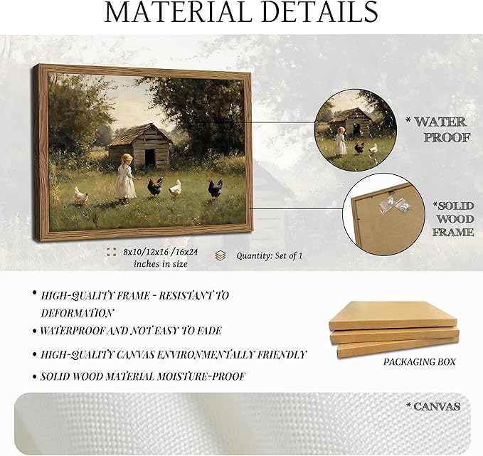 Vintage Country Framed Wall Art, Little Girl and Chick Canvas Prints, Rustic Landscape Picture Painting, Pastoral Farmhouse Wall Decor for Living Room Bedroom – Dark Wooden Frame 16x24in
