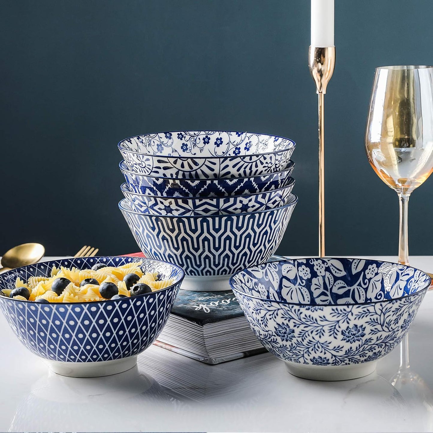 Selamica Blue and White Porcelain 20oz Cereal Bowl Set - Set of 6, 6 inch Soup Bowls, Ceramic bowls for Cereal, Soup, Salad and Pasta, Vintage Blue