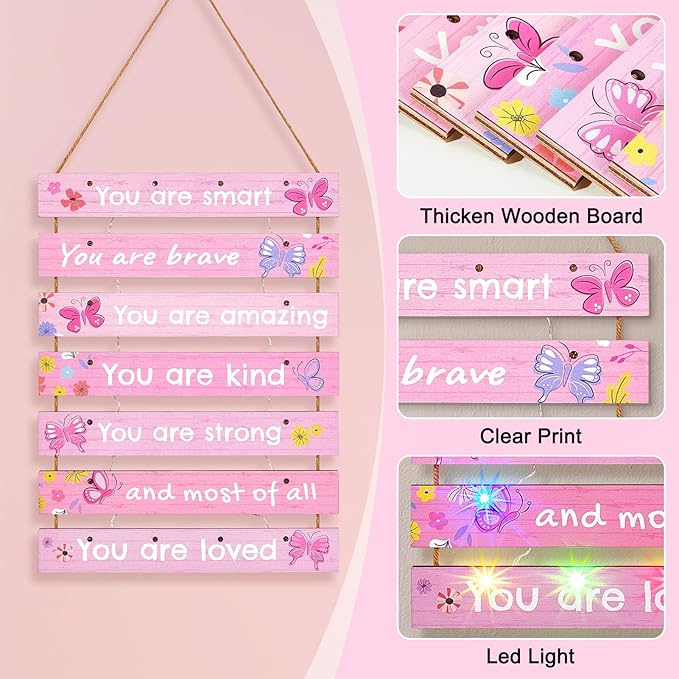 FIOBEE Girls Room Décor for Teen Girls Boys with LED Light Wall Decor for Bedroom Motivational Inspirational Wall Art Room Decoration for Kids Studyroom, 8 Kinds of Lights, Light Pink Butterfly