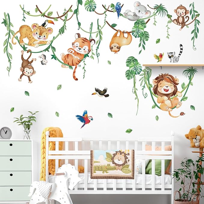 wondever Jungle Animals Climbing Tree Wall Stickers Lion Koala Tiger Monkey Peel and Stick Wall Art Decals for Baby Nursery Kids Bedroom Living Room