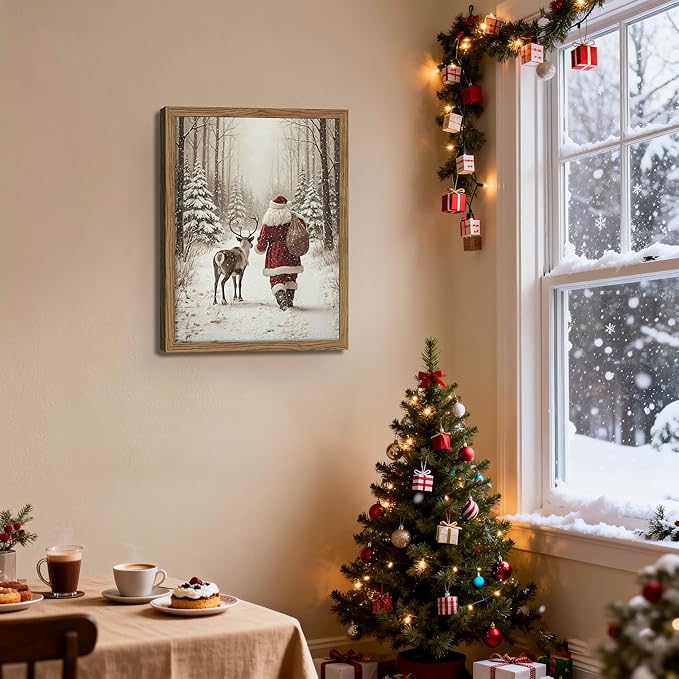 Framed Christmas Pictures Wall Decor, Santa Reindeer Winter Wall Art, Rustic Canvas Christmas Print, Winter Holidays Decor, Vintage Christmas Decorations Painting for Bedroom Living Room – 12x16in