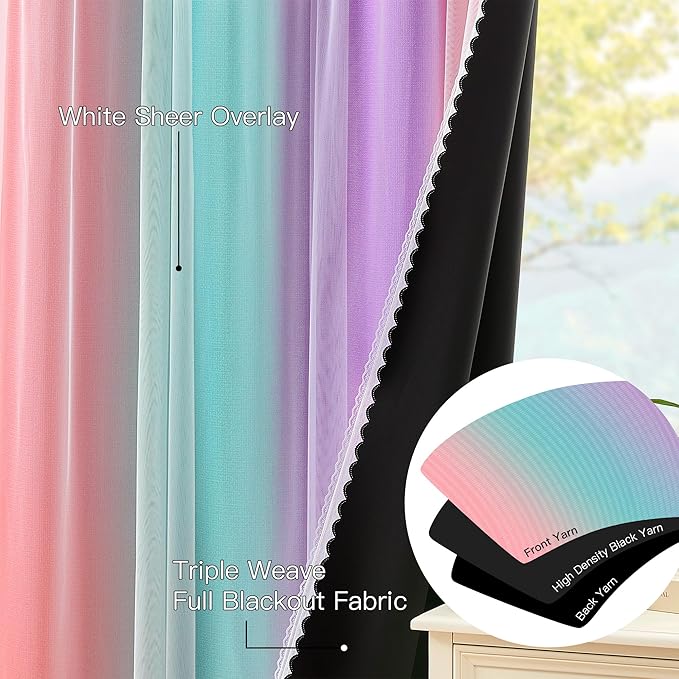XiDi Kids Blackout Curtains with Sheer Overlay for Girl Bedroom 96 Inches Long Pink Purple Green Rainbow Princess Double Layer Curtain Thermal Insulated Room Darkening Grommet Drapes 2 Panels W34xL96