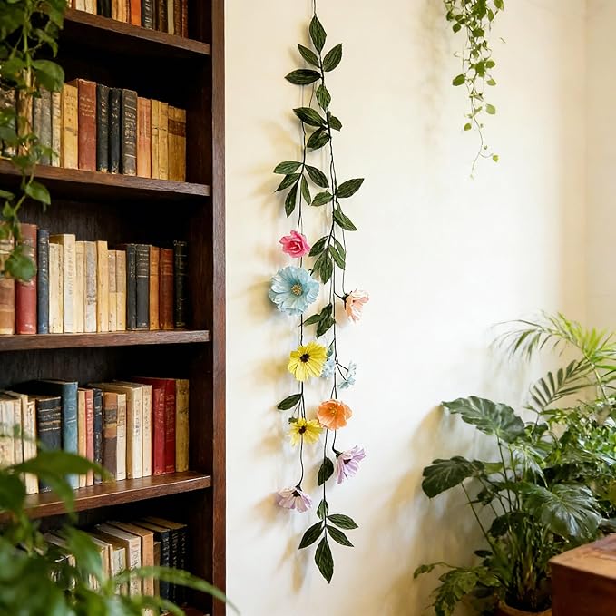 Handmade Wildflower Garland, Pastel Paper Flower Floral Wall Hanging Decor with Assorted Blooms for Home Decor, Wedding Backdrop, Party Decoration