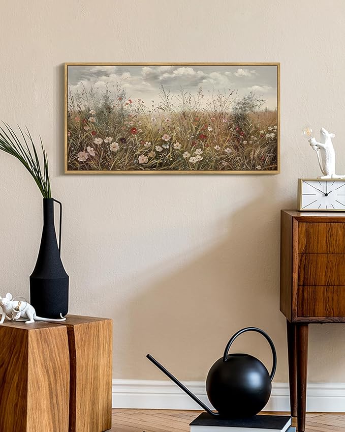 SHENIFY Vintage Landscape Framed Wall Art Meadow with Flowers Farmhouse Decor Retro Wildflower Field Scenery Painting for Kitchen Bedroom Living Room Bathroom - 8x16in Natural Framed