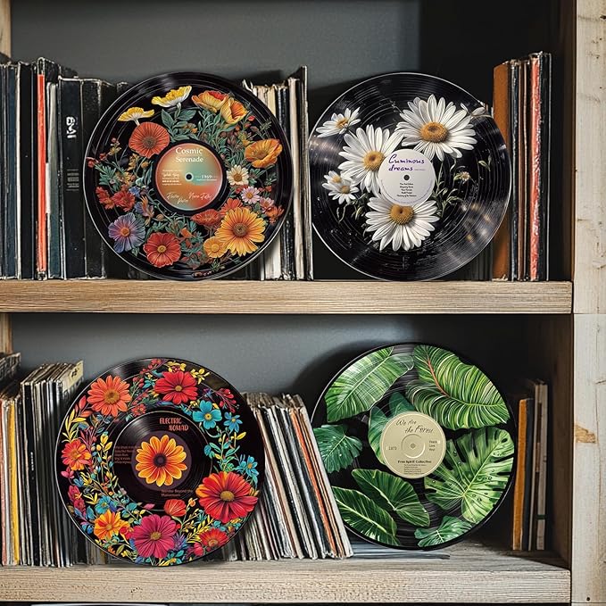 twinklemon 4PCS Vinyl Record Decor 12 Inch Record Decorations for Indie Hippie Room Decor Botanical Wall Art for Room Aesthetic Flower Leaves Records Wall Decor for Music Party Studio Display