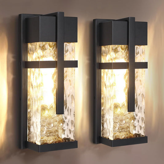 Hammered Glass Wall Lamp, Outdoor Light Fixtures, Exterior Wall Lantern for Porch with Waterproof, 2 Pack Wall Sconce Lighting, Wall Mount Light, Porch Light for Garage, Doorway, Patio(Bulb Included)