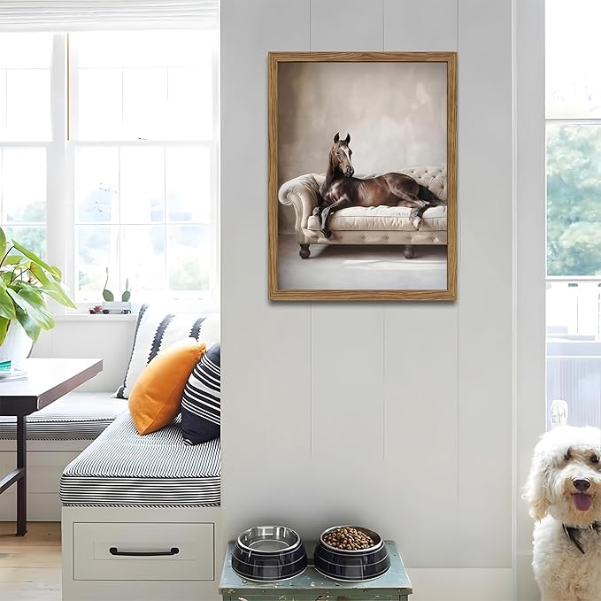 Framed Funny Horse Wall Art, Vintage Brown Horse Laying on Sofa Canvas, Modern Farmhouse Western Wall Decor, Grace Animal Pictures Prints for Living Room Bedroom Office Dorm 8x10 inch