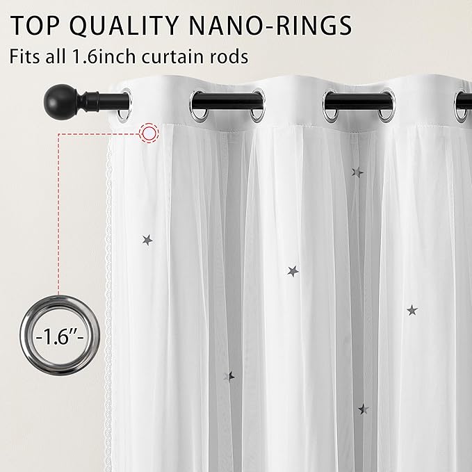 XiDi White Curtains for Girls Bedroom 80% Blackout Double Layer Curtains with Sheer Overlay for Nursery Kids Room Star White Drapes with Tiebacks Grommet Window Treatment 2 Panels W34 X L72